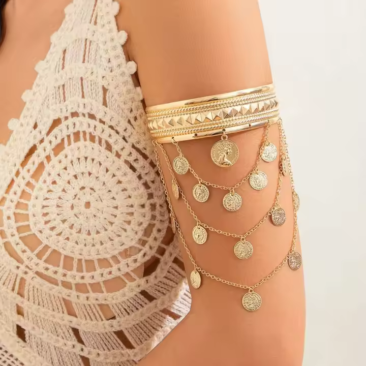 Pulsera de Metal Dorado con Moneda de Hoja Tassel de Brazo Alto para Hombres y Mujeres - 1
