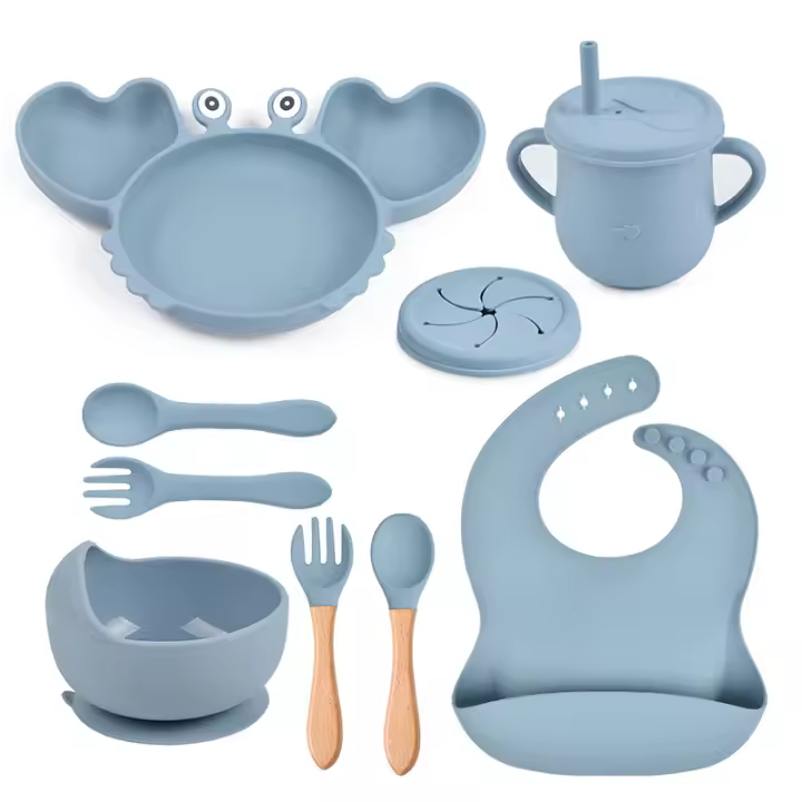 Juego de vajilla antideslizante para bebé, cuenco de silicona suave, plato, cuchara, tenedor, babero, juego de tazas, platos de alimentación para niños pequeños, 8 unids/set - 1