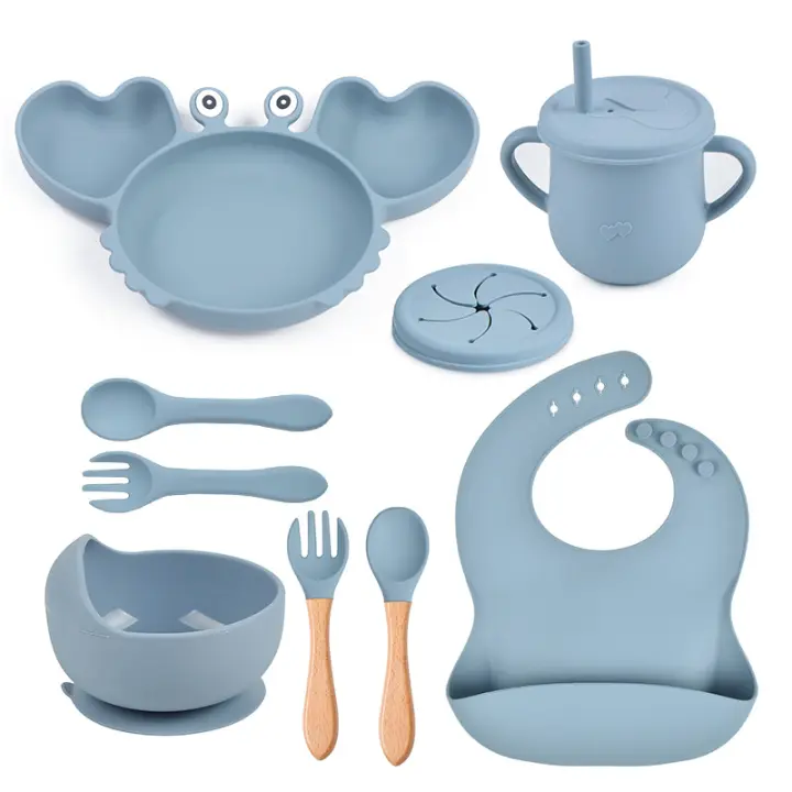 Juego de vajilla antideslizante para bebé, cuenco de silicona suave, plato, cuchara, tenedor, babero, juego de tazas, platos de alimentación para niños pequeños, 8 unids/set - 1