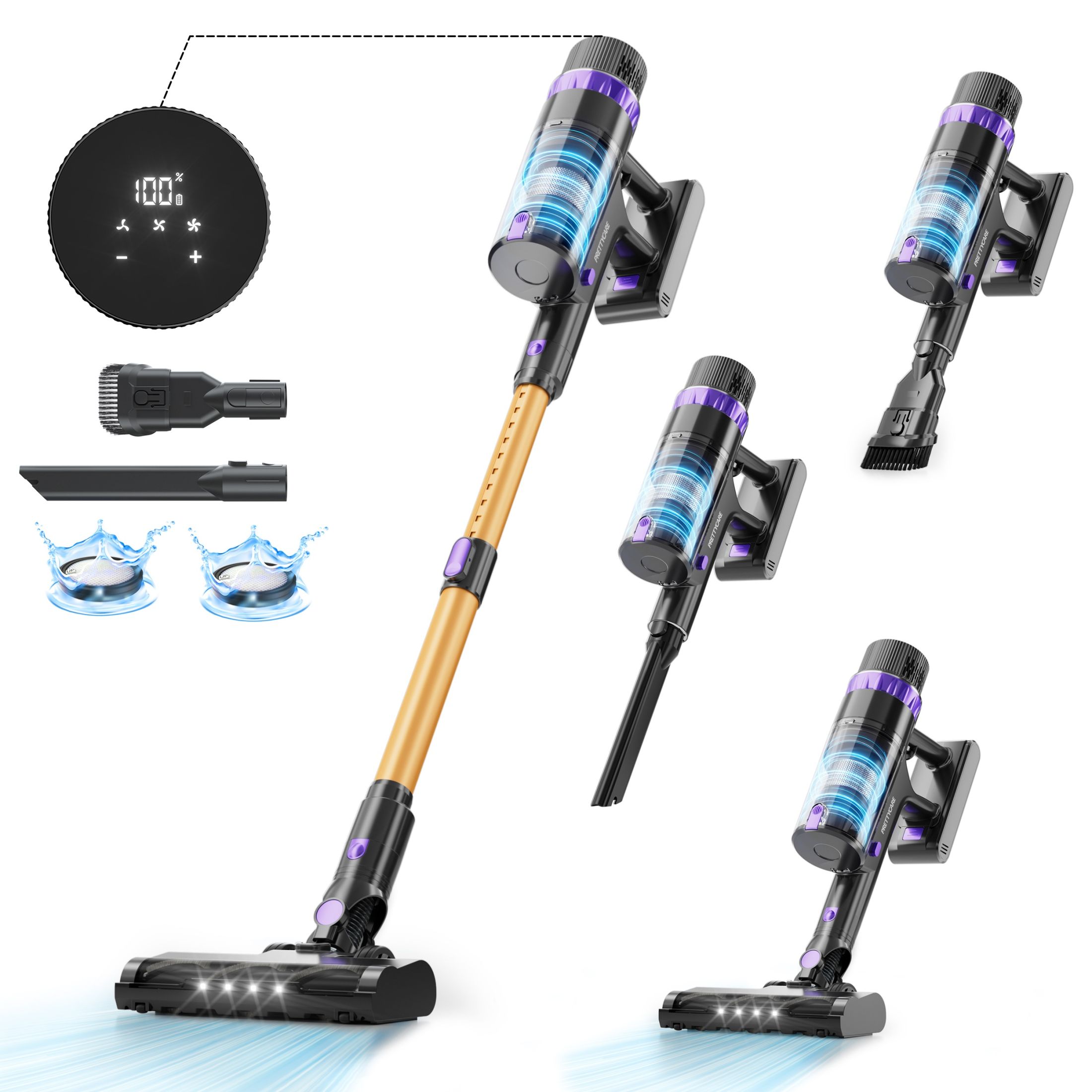 Aspiradora de mano PrettyCare V900 con batería extraíble, 530W, 52000PA de potencia de succión, aspiradora con pantalla táctil LED, aspiradora inalámbrica para el hogar, el coche y el pelo de mascotas.