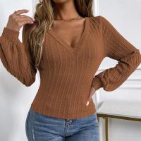 Tops mujer con cuello en V, camiseta manga abombada punto nuevo color caqui para mujer, ropa de moda japonesa. - details 8