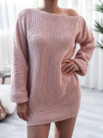 Vestido suéter ose de manga g para mujer con cuello oblicuo, minivestido de punto informal, color sólido, - details 10