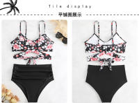 Traje de baño de mujer dividido de cintura alta Traje de baño de bikini multicolor con estampado de halter cruzado - details 27