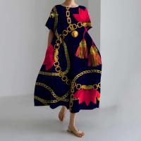 Ropa holgada de verano para mujer, vestidos bohemios, nuevo jersey de manga corta con estampado de cadena y cuello redondo a la moda para noche - details 5