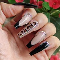 Set De Uñas Postizas Largas En Forma De Cofrinha Con Diseño De Leopardo Y Joyas 24pcs Negro Estilo Francesa Para Dedos - details 2