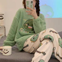 Conjunto De Pijama De Flannel Para Mujer Invierno Con Estampado De Dinosaurio Cuello Redondo Manga Larga 2 Piezas Tejido De Poliéster - details 2
