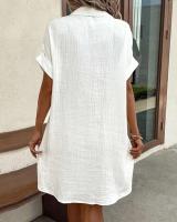 Vestido camisero de manga corta liso Simple de verano para mujer, vestidos holgados informales elegantes con cuello vuelto y una hilera de botones para mujer - details 4