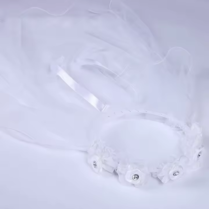 Diadema de princesa pequeña para niños, velos de novia de tul de doble capa, guirnalda de flores, volantes, encaje Floral, corona para fiesta de boda - 1