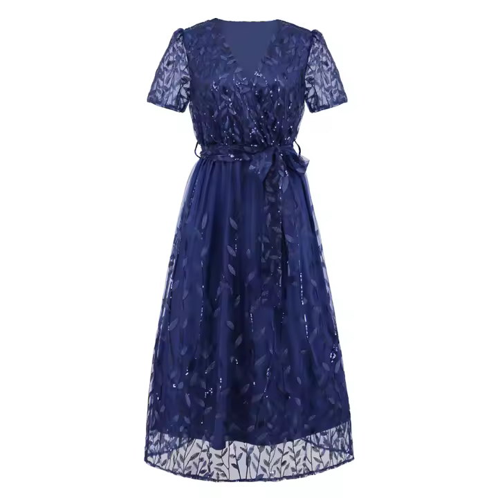 Vestido largo de fiesta de gasa de manga corta para mujer, vestido nupcial, azul profundo S - 1