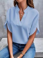 Blusa de manga dividida con cuello con muescas sólidas para mujer, top casual de media manga con hombros caídos para verano, ropa de mujer para uso diario, ropa de moda para mujer, ropa de mujer - details 4