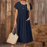 ZANZEA-Vestido elegante de verano, Vestido de manga corta con cuello de pico a la moda para mujer, Vestido veraniego plisado liso a media pantorrilla, Vestido informal de trabajo OL, caftán - details 2