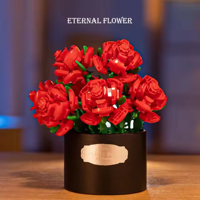 Rosa eterna para el Día de San Valentín, bloques de construcción, flor de mariscos, cubierta de polvo en maceta, regalo especial romántico exquisito para niña - 1