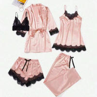 Conjunto de pijama de seda para mujer, 5 piezas, lencería sexy, camisola y pantalones, ropa interior para dormir en casa - details 10