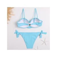 Bañador de banda con volantes negros para mujer, traje de baño femenino de realce, conjunto de Bikini con sujetador y Copa, traje de baño de corte alto azul de Color sólido 2023 - details 6
