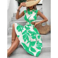 Vestido largo de mujer con estampado floral de plantas, cuello redondo, manga corta y cintura alta para el verano de 2024 - details 12