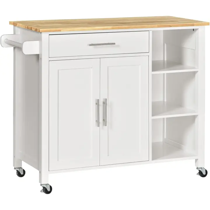 Isla de Cocina Móvil Mueble Auxiliar de Cocina con 1 Cajón, 2 Puertas, 3 Estantes Abiertos y Barra Lateral para Comedor Blanco, 107,5x48x89 cm - 1