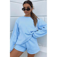 Wind Conjunto de pantalones cortos y sudadera con cuello redondo informal holgado de Color puro para mujer - details 43