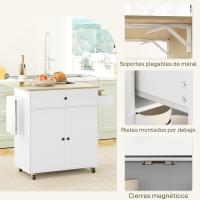 Carrito de cocina plegable, mueble auxiliar de cocina con ruedas, 2 puertas, cajón para especias, toallero y estante ajustable, 106x42x87 cm, blanco y roble - details 7