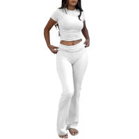 Jersey de cuello redondo, camiseta de manga corta, cintura alta, pantalones acampanados de yoga informales, conjunto deportivo - details 8