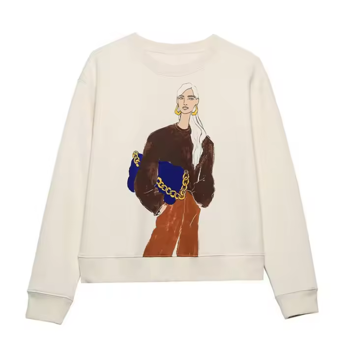 - Otoño nuevo estilo de moda casual para mujer simple y versátil estampado chica cuello redondo manga larga sudadera con capucha - 1