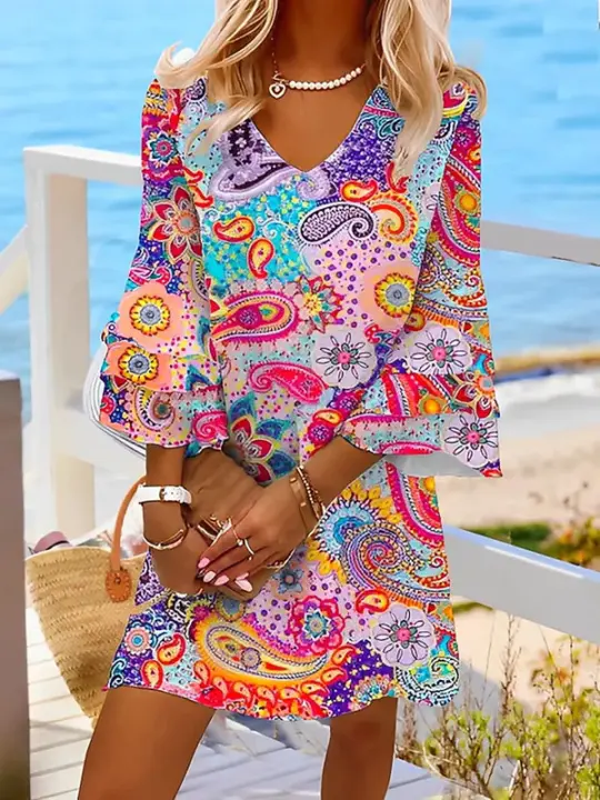 Vestido con volantes y manga de cuarto para mujer, falda de playa con estampado colorido, cuello en V, novedad de verano - 1