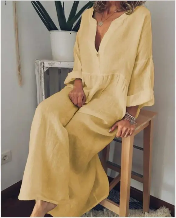 Vestido Suelto de Manga Larga con Cuello en V Moda de Mujer Casual Vestidos de Primavera Otoño - 1