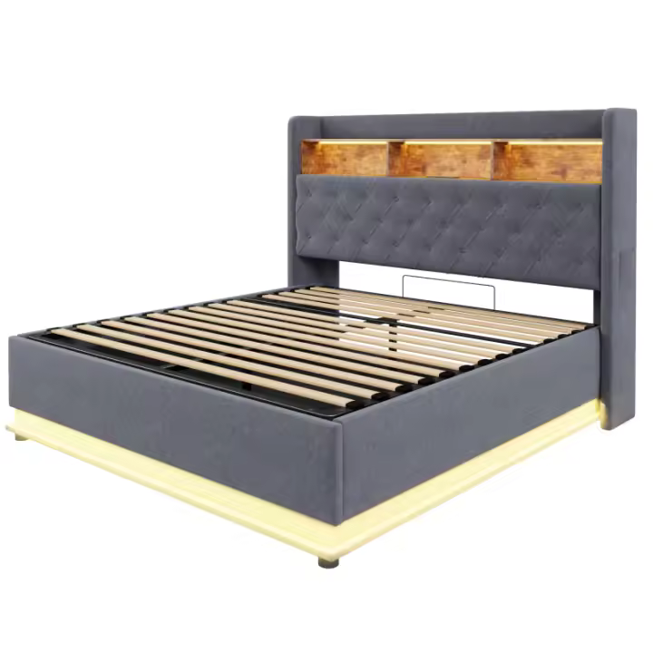 Cama tapizada LED 180 x 200 cm, Cama acolchada con puerto de carga USB y almacenamiento hidráulico, tela de lino agradable para la piel, Gris (Sin colchón) - 1