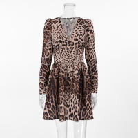 Estampado de leopardo con cuello en V ajustado verano otoño nuevo estampado manga larga vestido corto para mujer elegante - details 8
