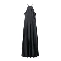 PB & ZA2025summer nuevo vestido de textura satinada con tirantes y falda hasta el suelo sin mangas con dobladillo suelto para mujer - details 2