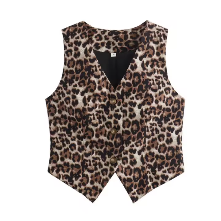 BUNO-Chaleco de leopardo para mujer, Top con cuello en V y una hilera de botones, informal, corto, sin mangas, novedad de primavera y verano 2025 - 1