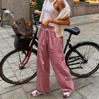 BUNO-Pantalones de encaje a rayas para mujer, Pantalones rectos de pierna ancha con cintura elástica y cordón, ropa de calle holgada para primavera y verano, pantalones de chándal informales - details 64
