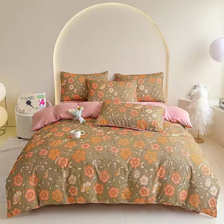Juego de Ropa de Cama de Gasa de Algodón Lavado de Doble Capa Diseño Floral para Dormitorio Estudiantil Cubierta de Edredón de Tres Piezas Pieza Única de Cama - 1