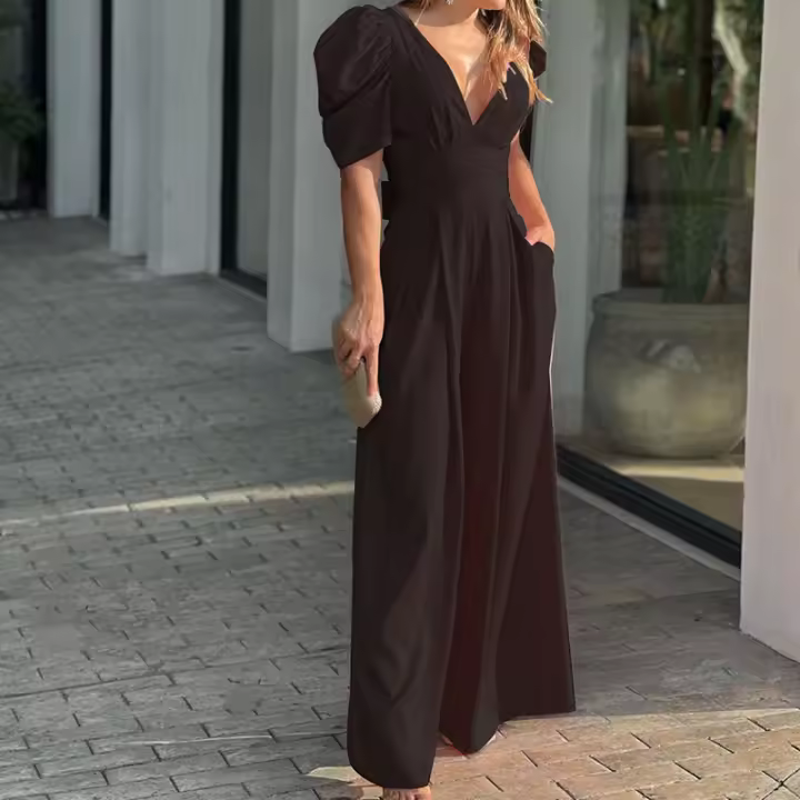 Mono elegante de cintura alta para mujer, cuello en V, estilo moderno de oficina, liso, verano - 1