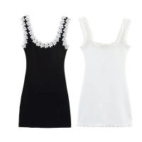 TRAFZA-vestido ajustado sexi de verano para mujer, vestido liso con cuello cuadrado, sin mangas, Espalda descubierta, decoración floral, vestidos de moda para mujer en 2 colores - details 1