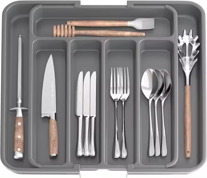 Organizador de vajilla expandible, cajón de cocina, organizador de utensilios ajustable, organizador de cubiertos para tenedores - 1