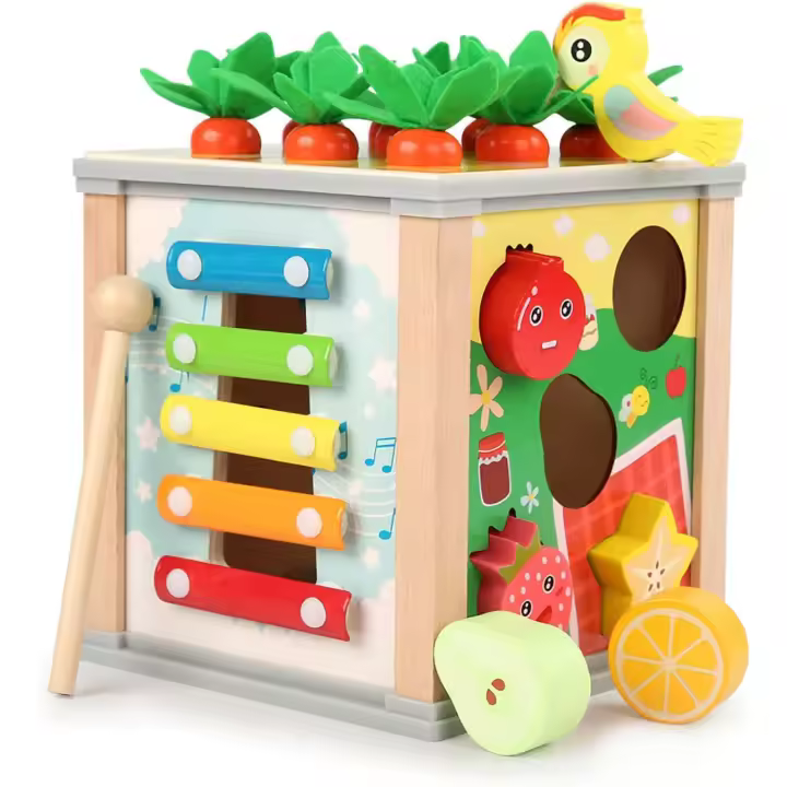 Cubo de Actividad Montessori Juguete de Madera para 1-3 Años Mejora la Concentración, Habilidades Finas y Reconocimiento de Reloj - 1
