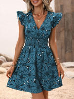 Vestido corto informal con estampado Floral para mujer, minivestido con manga con volantes, color azul mate S - details 3