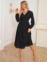 Vestido largo de manga larga con cuello en V para mujer, vestido elegante de corte en A, Color liso Vintage, estético, nuevo en oferta - details 15