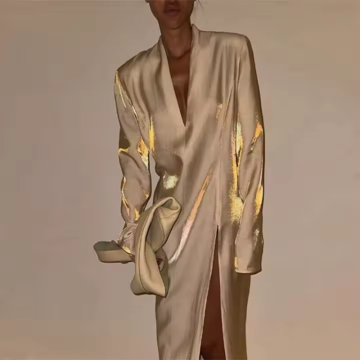 Vestido informal suelto para mujer, cuello en V, hombrera, manga larga, bata con ventilación para mujer, primavera 2025, nueva moda, vestidos rectos elegantes para mujer - 1