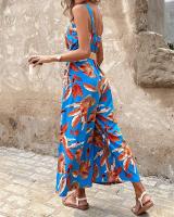 Mono informal holgado con cuello cuadrado, estampado de flores, nuevo hombro, tirantes y cintura ceñida con cinturón - details 6