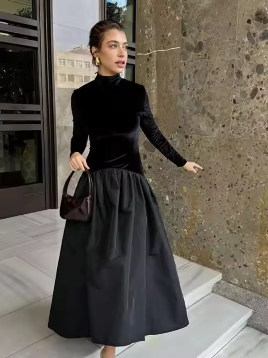 Vestido de Punto con Encanto O-cuello Ajuste Delgado, Manga de Flecos, Lático de Espalda, Moda de Calle para Mujeres en Otoño - 1