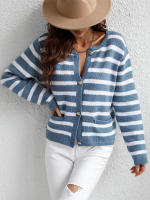Cárdigan de punto a rayas para mujer, chaqueta Vintage con bolsillos, color rosa, otoño e invierno, 2023 - details 8