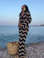 Vestidos de punto a rayas para mujer, vestido Maxi de playa con cordones de manga larga para mujer, batas ajustadas de punto con cuello cuadrado calado - details 6