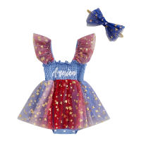 Pudcoco-Conjunto de 4 de julio para niña, pelele con estampado de estrellas y letras, vestido de malla con mangas voladoras y diadema con lazo, conjunto de 2 uds. - details 5