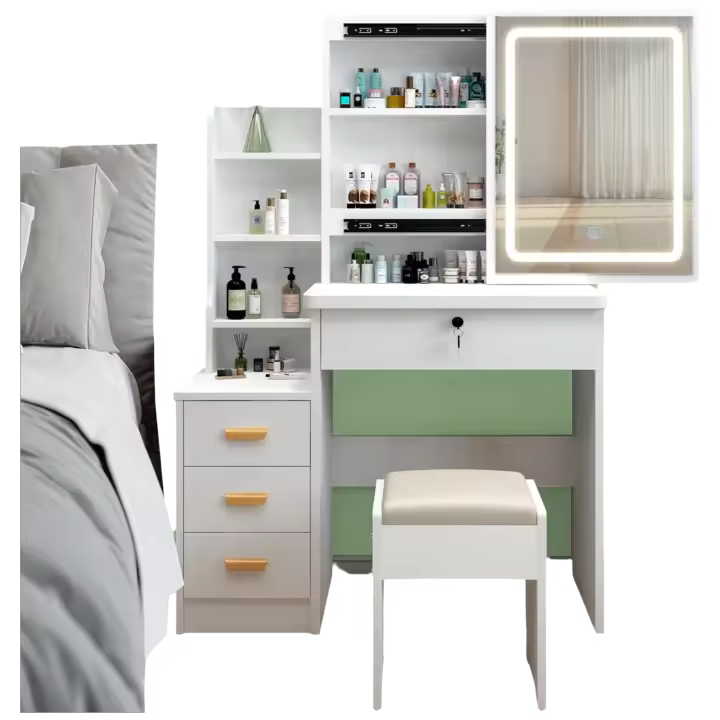 Tocador con espejo de iluminación LED, brillo ajustable, tocador con silla, tocador con 3 cajones y 5 estantes, moderno de madera, color blanco - 1