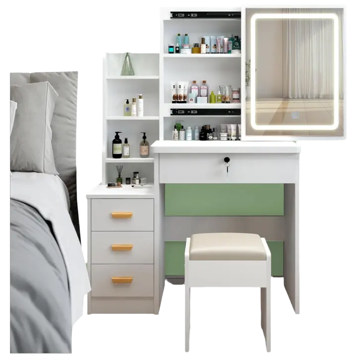 Tocador con espejo de iluminación LED, brillo ajustable, tocador con silla, tocador con 3 cajones y 5 estantes, moderno de madera, color blanco - 1