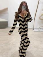 Vestidos de punto a rayas para mujer, vestido Maxi de playa con cordones de manga larga para mujer, batas ajustadas de punto con cuello cuadrado calado - details 9