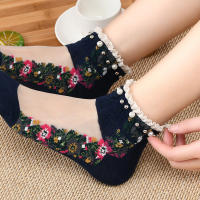 Calcetines Lolita bonitos de malla con perlas para mujer, medias de primavera, calcetines cortos, calcetines con flores bordadas - details 1