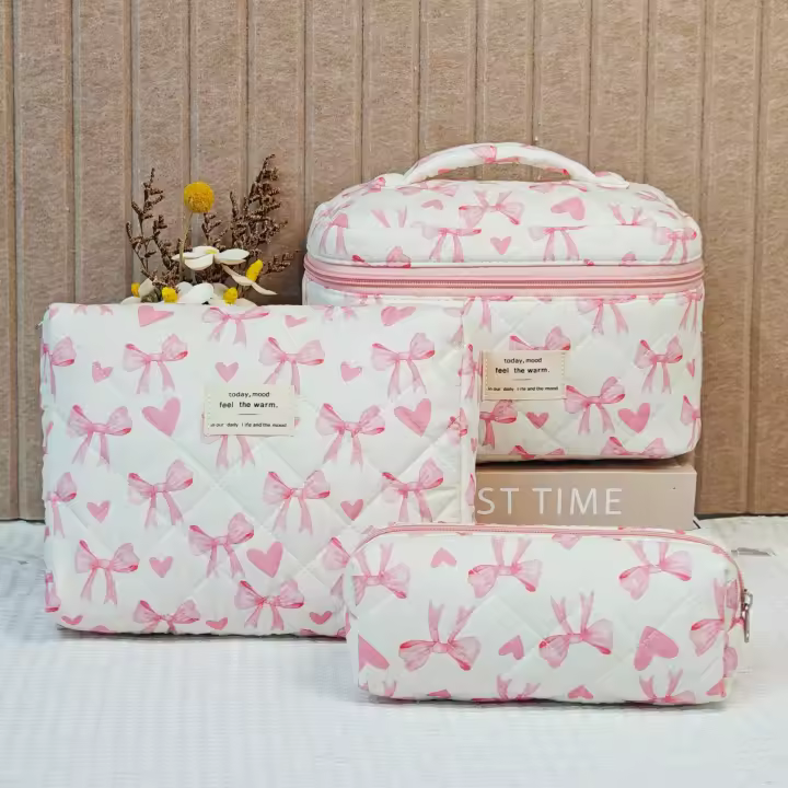Juego de bolsas de maquillaje con patrón de lazo, regalos para esposa, linda bolsa de cosméticos, bolsa organizadora de artículos de tocador de viaje de gran capacidad, bolsa organizadora de maquillaje con cremallera, juego de contenedores de maquillaje, - 1