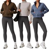 Sudadera de lana para mujer, jersey de cuello alto con media cremallera y bolsillo canguro, ropa deportiva informal suave para invierno - details 0